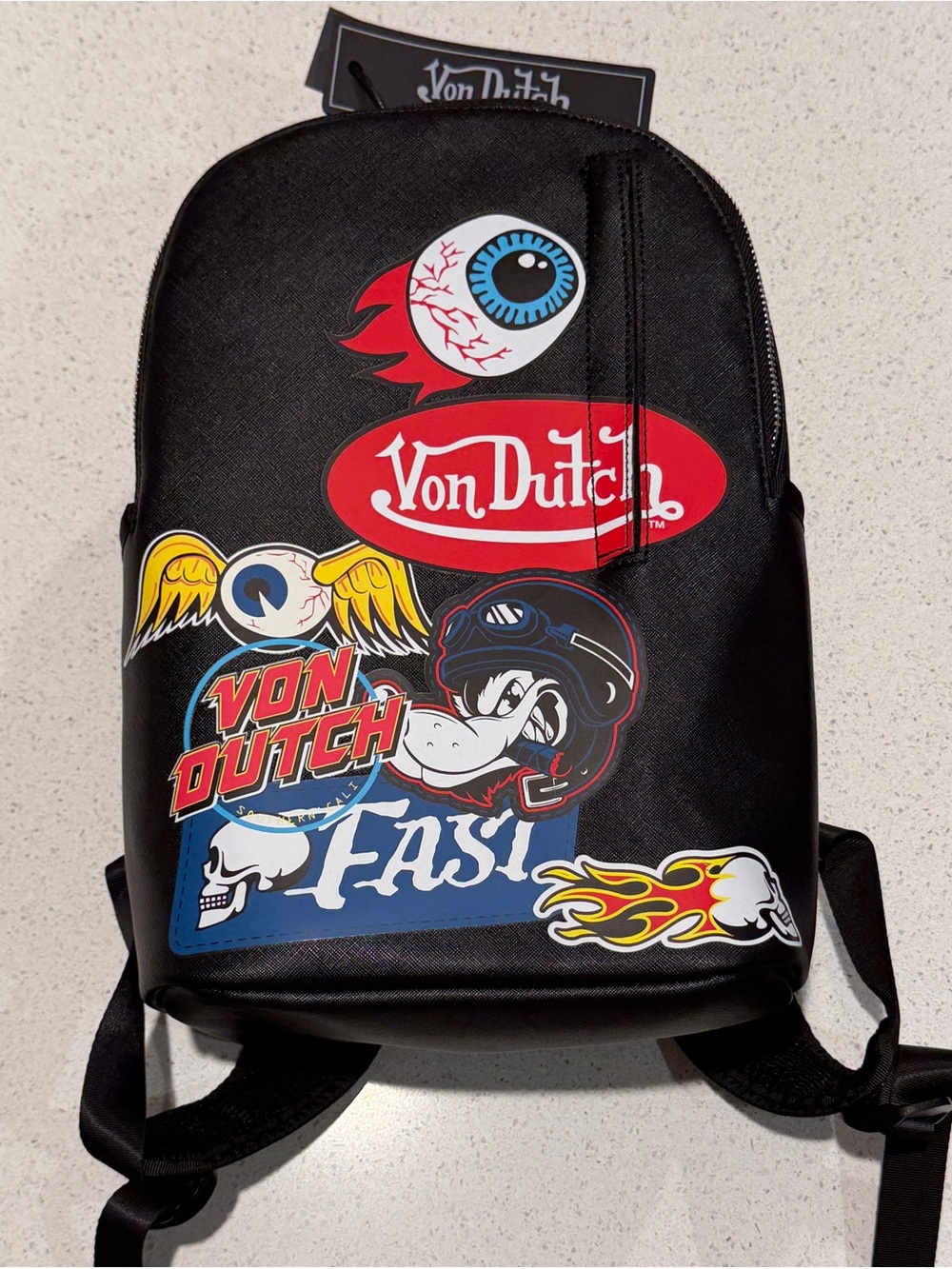Von Dutch Black w/Multi-Flying Eye Print Medium Backpack ~ NWT
